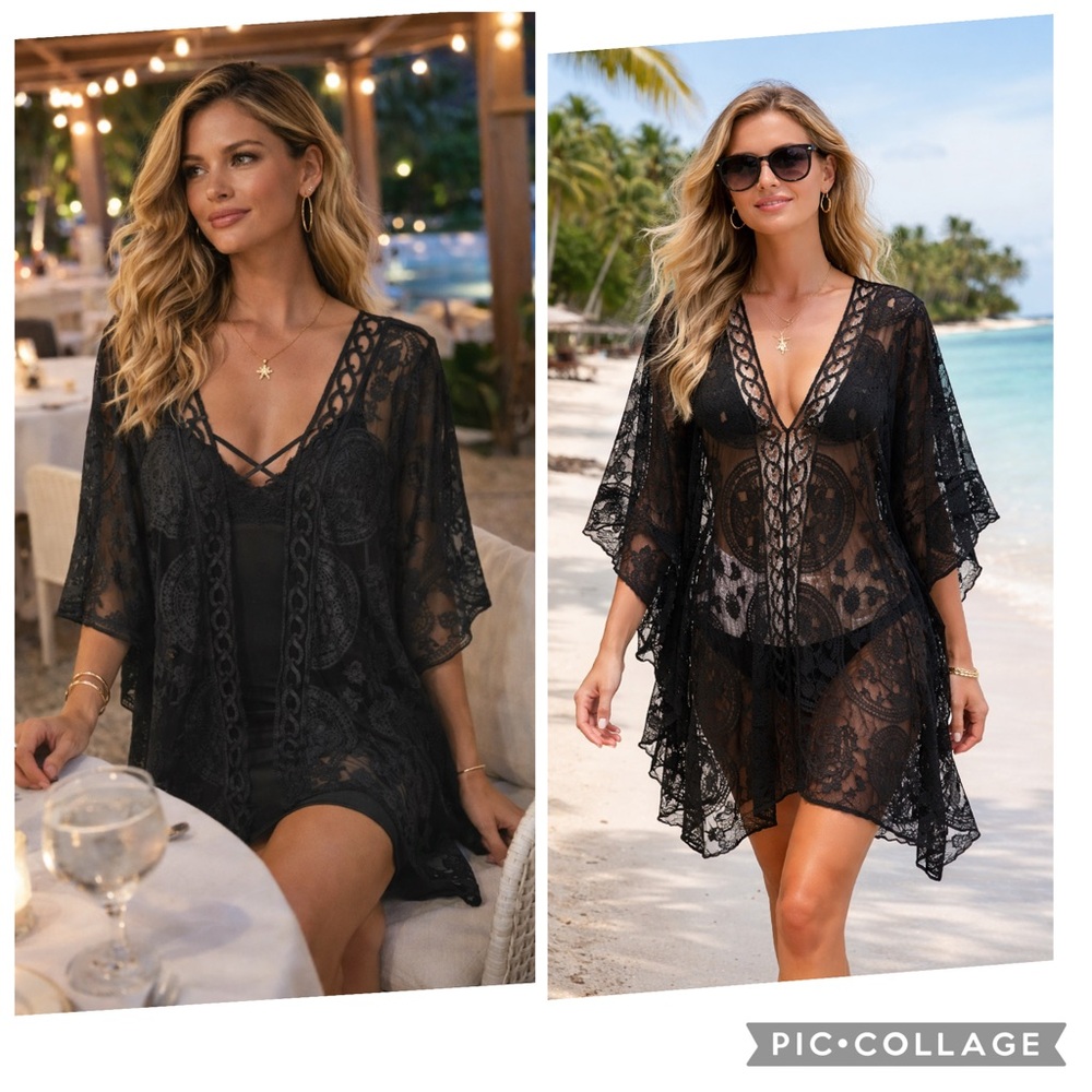 SOL & SEA BLACK EMBROIDERED SHEER LACE KIMONO TUNIC / SWIM COVER-UP